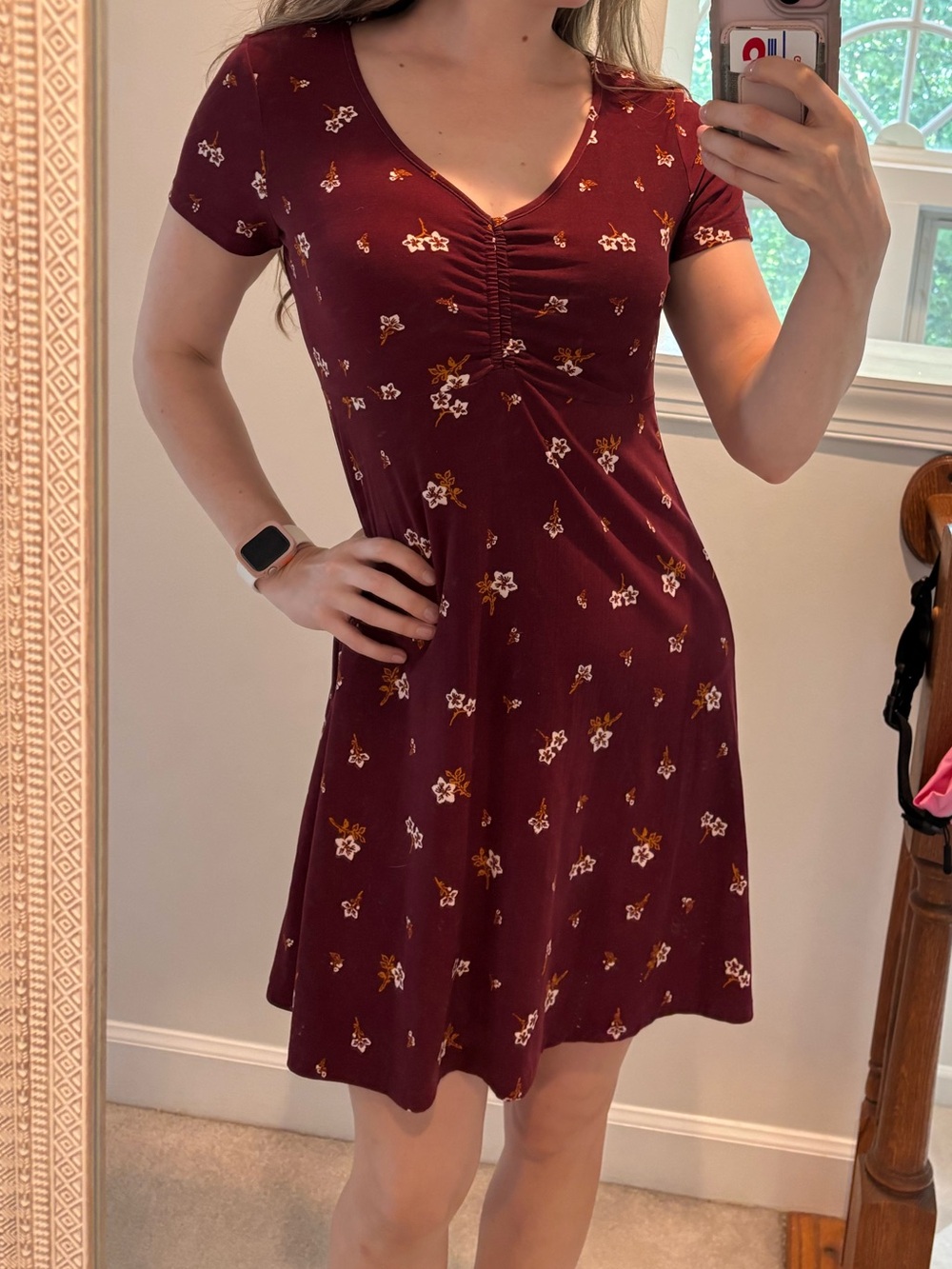 “Pink Rose” Burgundy Floral V-Neck Dress